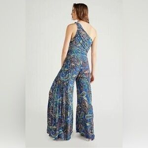 Free People Blue Thea Boho Floral Printed One Shoulder Wide Leg Jumpsuit XL